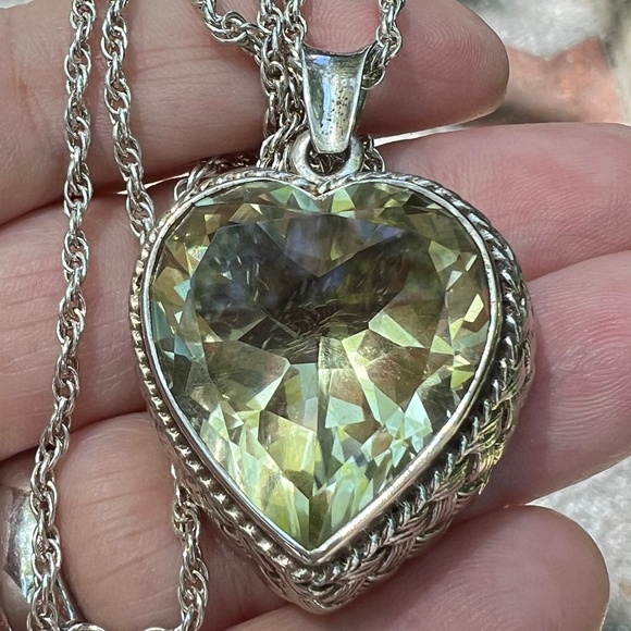 VINTAGE HUGE OVERSIZED HEART LEMON QUARTZ ORNATE PENDANT NECKLACE 925 STERLING